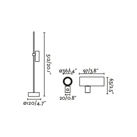 Plano con medidas de Baliza de Exterior CLAP 512 51 cm COB LED 6W 3000K Negra FARO