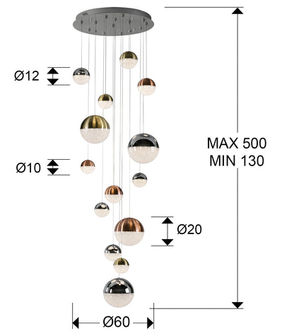 Plano con medidas de Lámpara Colgante LED Sphere 14 Luces 78W Dimable Cromo Schuller