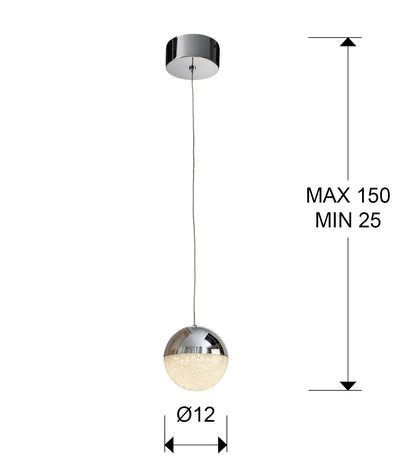 Plano con medidas de Lámpara Colgante LED Sphere 12 cm Cromo Schuller · Ref. 793301