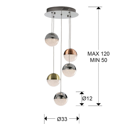 Plano con medidas de Lámpara de Techo LED Esférica Sphere 5 Luces 24W Cromo Schuller