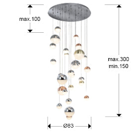 Plano con medidas de Lámpara Colgante LED Sphere 27 Luces Ø80 cm Dimable Cromo Schuller