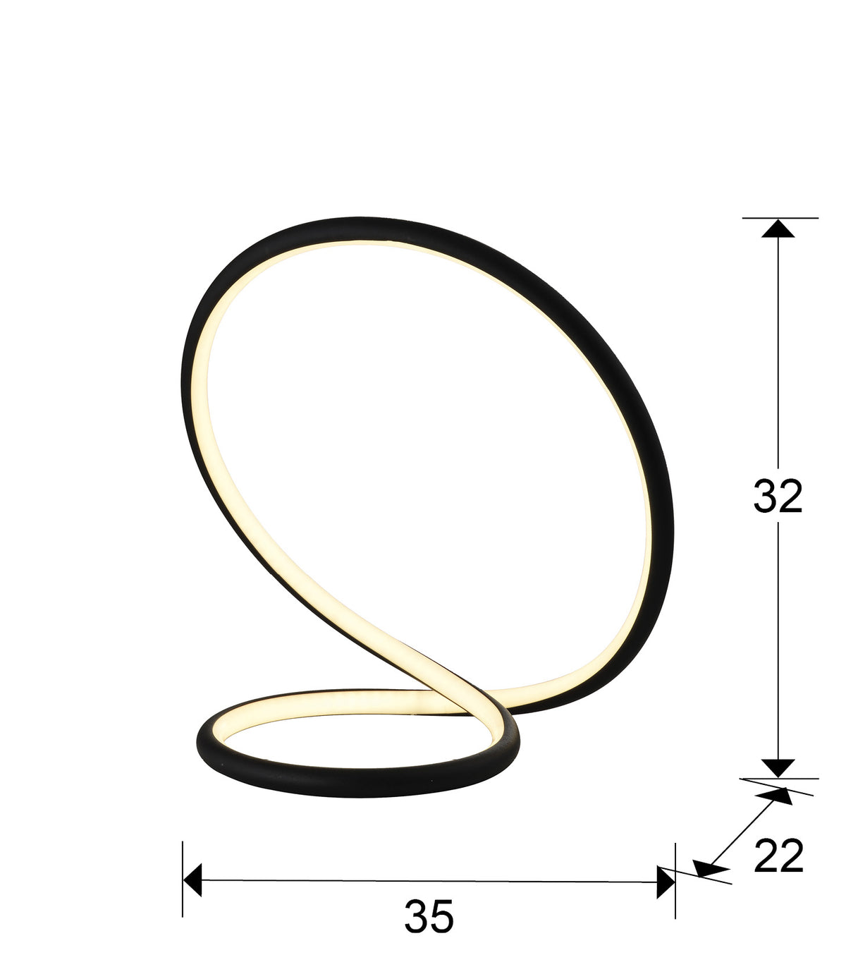 Plano con medidas de Lámpara de Sobremesa LED Infinito 15W Dimable Negro Mate Schuller