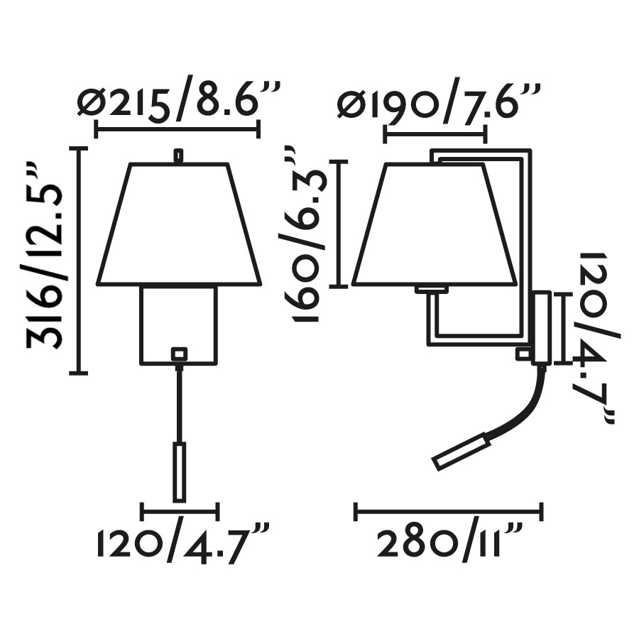 Medidas detalladas de luminaria de pared FRAME Níquel mate/Blanca LED FARO 20172-01, aplique interior acero y textil para dormitorio y hotel