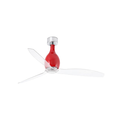 Ventilador de techo MINI ETERFAN M rojo brillo con aspas transparentes, modelo 32029WW de FARO, motor DC, 6 velocidades, mando a distancia, sin luz, para ventilación en hogar u oficina.