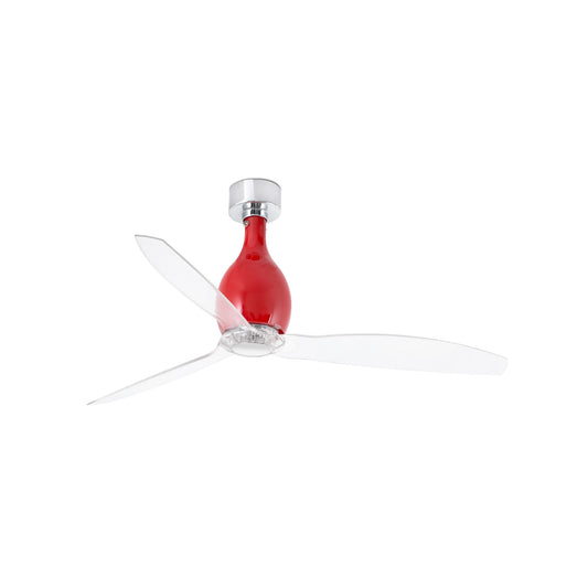 Ventilador de techo MINI ETERFAN M rojo brillo con aspas transparentes, modelo 32029WW de FARO, motor DC, 6 velocidades, mando a distancia, sin luz, para ventilación en hogar u oficina.