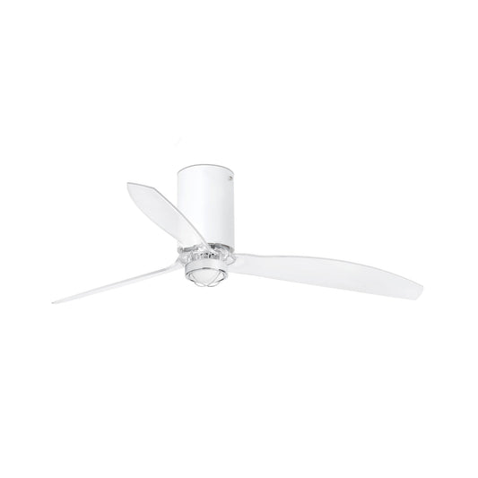 Ventilador de techo LED Mini Tube Fan FARO 32039WW-9 con luz integrada, motor DC, mando a distancia, diseño blanco mate y transparente para ventilación en el hogar