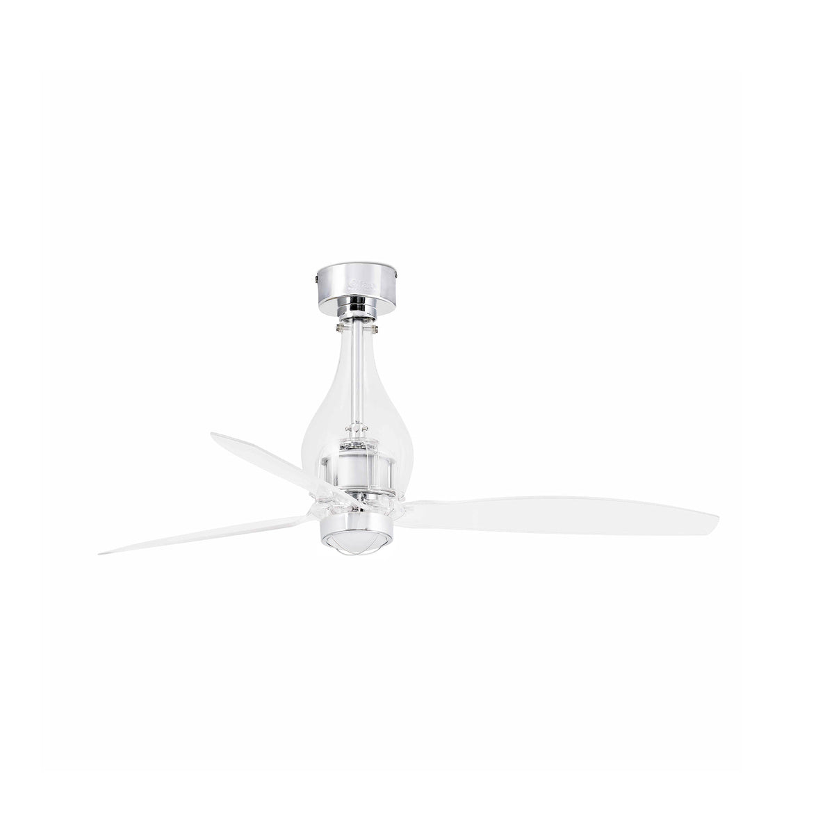 Ventilador de techo LED Mini Eterfan M transparente FARO 33382WW-9 con luz integrada, mando a distancia y motor DC silencioso para ventilación en el hogar