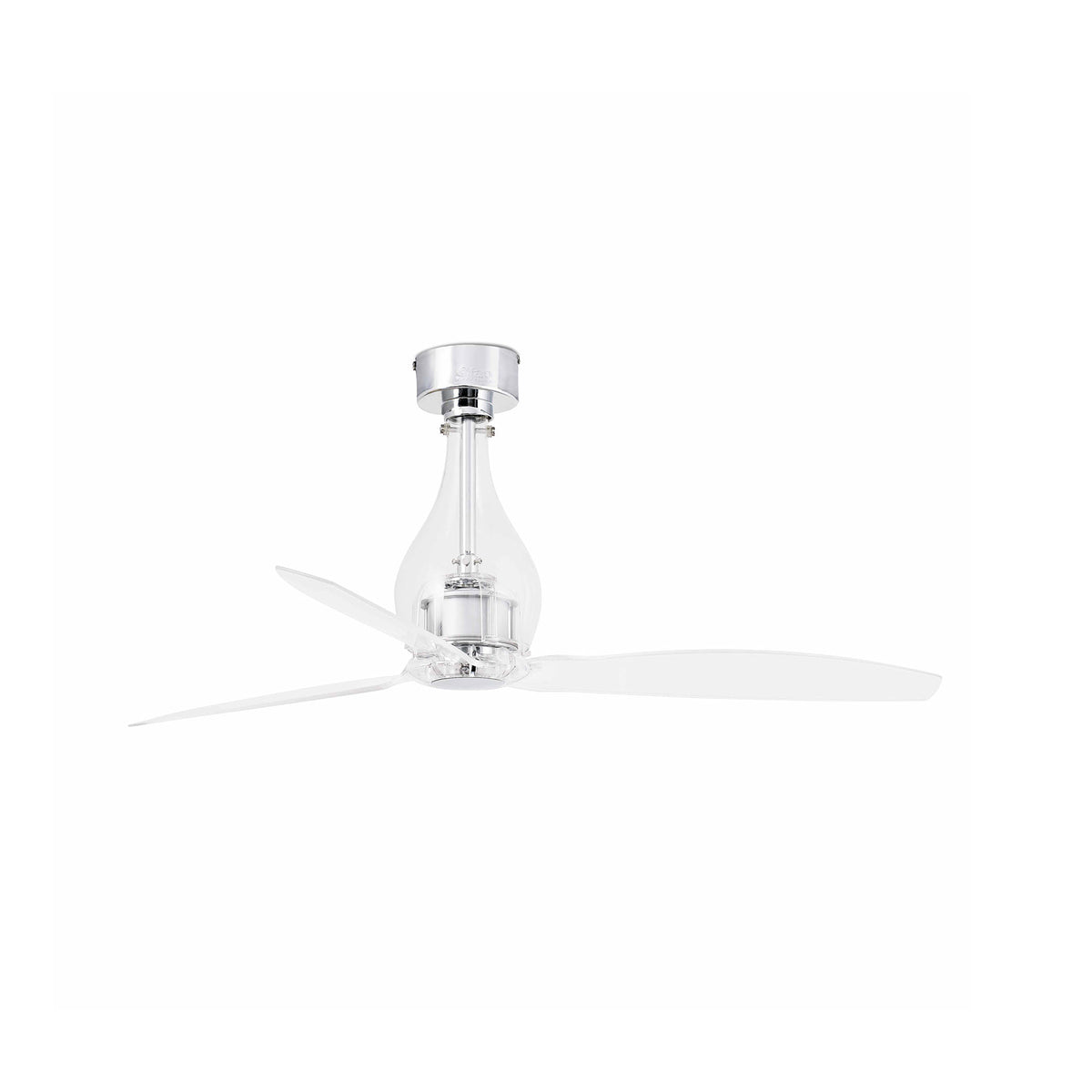Ventilador de techo MINI ETERFAN M transparente FARO 33382WW, cromado con motor DC, mando a distancia y función inversa para ventilación en hogar y oficina