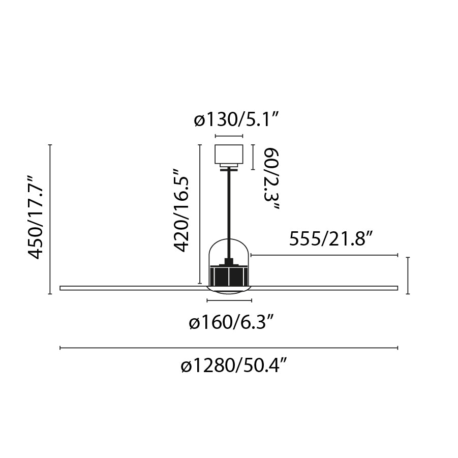 Diagrama de medidas del ventilador de techo Copper Fan M negro/nogal FARO 33451WW, motor DC reversible sin luz con mando a distancia para ventilación en el hogar