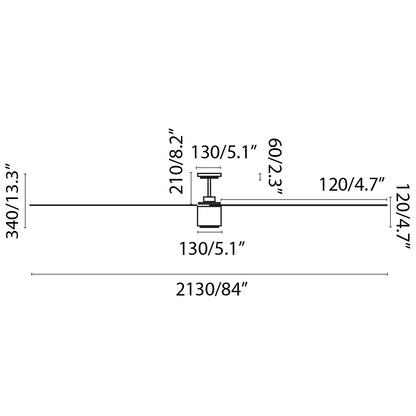 Diagrama de medidas del ventilador de techo LED ATTOS XXL marrón FARO 33495WW, dimensiones para instalación con motor DC, luz LED y mando a distancia