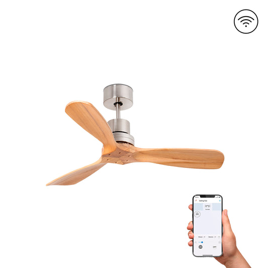 Ventilador de techo Mini Lantau S níquel mate y pino FSC de FARO, modelo 33509DCWW, motor DC sin luz con mando a distancia y función inversa