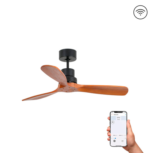 Ventilador de techo MINI LANTAU S de FARO en negro mate con aspas de nogal, motor DC reversible, mando a distancia y sin luz integrada para ventilación eficiente en el hogar.