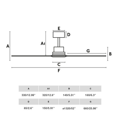 Diagrama de medidas y dimensiones del ventilador de techo LANTAU L marrón con pino de FARO, modelo 33562DCWW, motor DC silencioso para ventilación en hogar con mando a distancia y función inversa