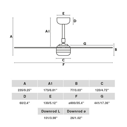Diagrama de medidas del ventilador de techo Mini Punt S blanco/arce de FARO modelo 33821WW: diámetro 107 cm, altura 27 cm, sin luz, motor DC reversible con mando a distancia para ventilación eficiente en el hogar.
