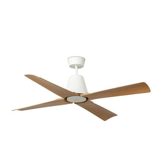 Ventilador de techo Typhoon M blanco y madera FARO 34105WW, motor DC sin luz integrada, mando a distancia, IP44, función inversa para ventilación en hogar u oficina