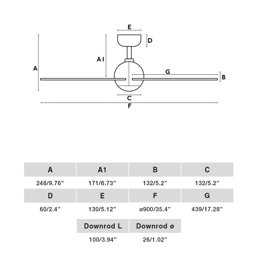 Diagrama de dimensiones del ventilador de techo SFERA S en negro mate WIZ de FARO modelo 34271WW, con motor DC silencioso y función inversa