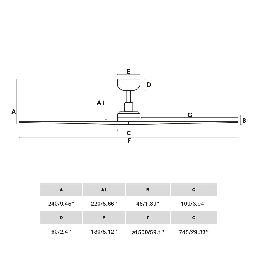 Diagrama de medidas y dimensiones del ventilador de techo KLIM L negro/pino WIZ FARO 34282WW con motor DC, mando a distancia y función inversa