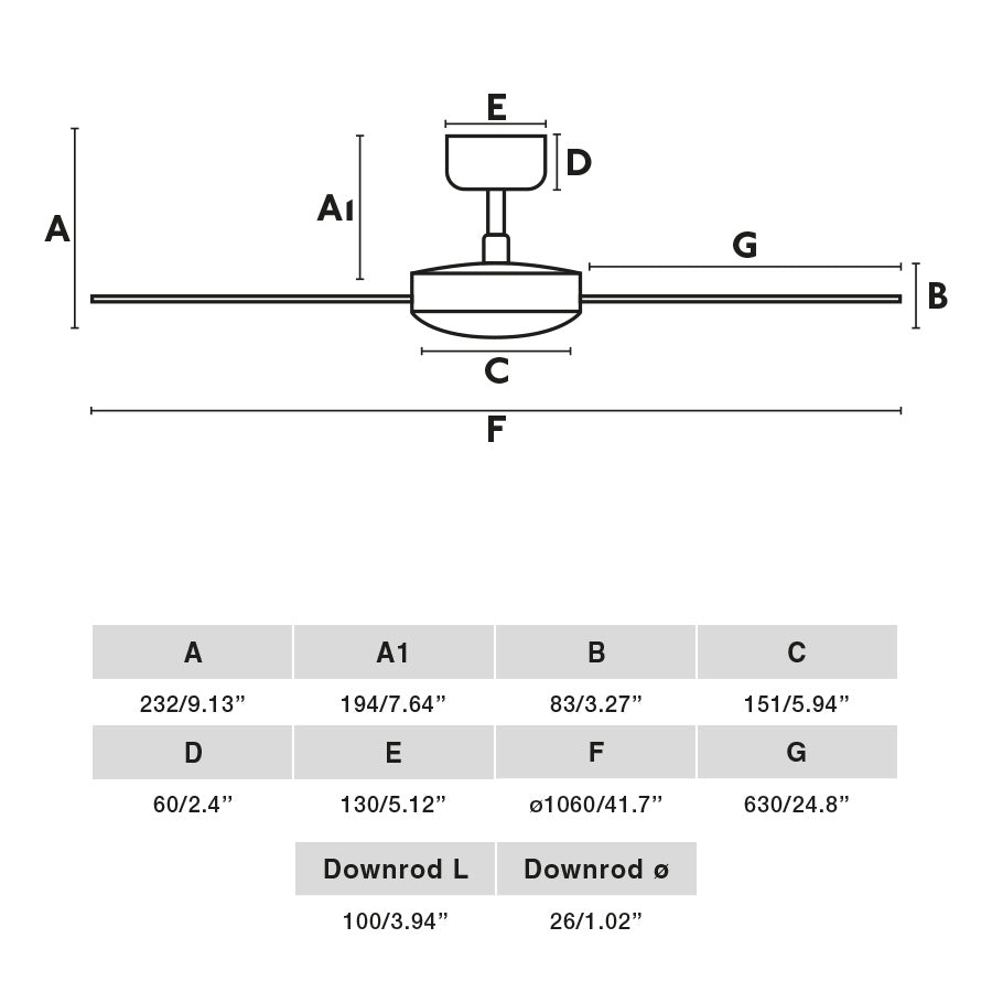 Diagrama de medidas del ventilador de techo CRUISER S Blanco WIZ FARO 34288WW, dimensiones de aspas, altura y diámetro para instalación en hogar u oficinas, modelo silencioso con motor DC y función inversa