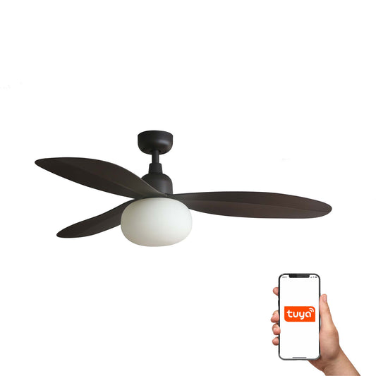 Ventilador de techo PALMA M marrón con luz LED E27 IP44, motor DC, compatible Tuya smart para exterior, Faro modelo 34301WT-11L