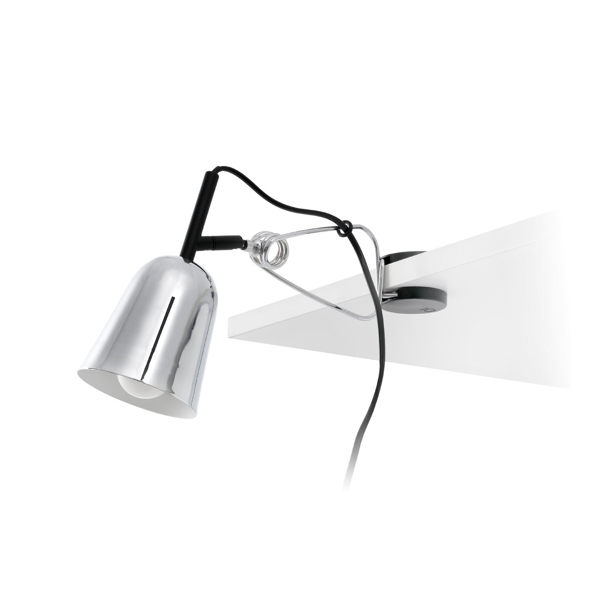 Lámpara pinza STUDIO en cromo y blanco de FARO modelo 51134, diseño Nahtrang para luz de lectura e iluminación de escritorio con clip para estantería.