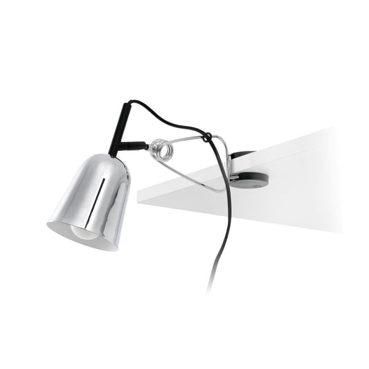 Lámpara pinza STUDIO en cromo y blanco de FARO modelo 51134, diseño Nahtrang para luz de lectura e iluminación de escritorio con clip para estantería.