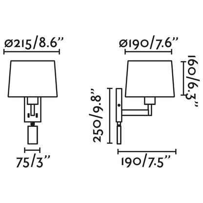 Diagrama de medidas del aplique de pared ARTIS con lector en bronce envejecido y beige, modelo FARO 68492-02, luminaria de superficie para lectura e iluminación interior en hogar y hostelería
