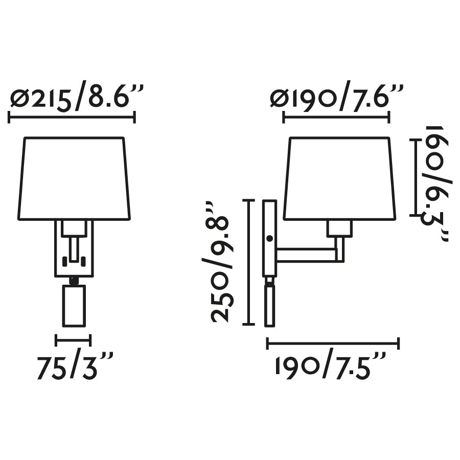 Diagrama de medidas del Aplique de Pared ARTIS con Lector Integrado Bronce Envejecido y Negro de FARO, modelo 68492-03, luminaria de superficie para interior, iluminación hogar en diseño atemporal de colección 6848