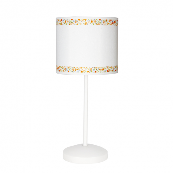 Lámpara sobremesa Cenefa de Abrila en blanco y naranja con base de metal textil, ideal para iluminación infantil y decoración de interiores, modelo 107371004 con casquillo E14. · Ref. 107371004