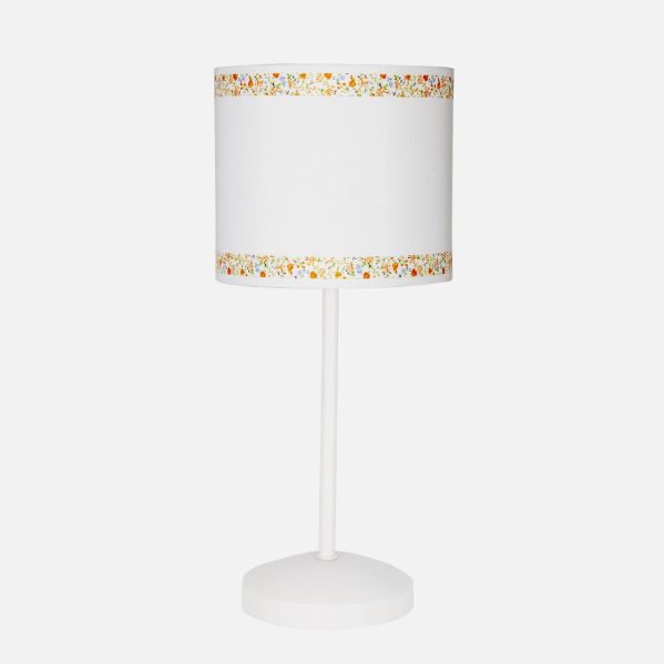 Lámpara sobremesa Cenefa de Abrila en blanco y naranja con base de metal textil y pantalla infantil, modelo 107371004 con bombilla E14 para decoración de interiores y habitaciones de niños · Ref. 107371004