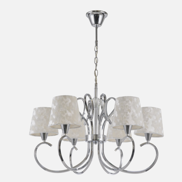 Lámpara Cancún de cromo y blanco con 6 casquillos E14, diseño clásico de Abrila para decoración interior doméstica, fabricada en metal, textil y cristal, modelo 121756020. · Ref. 121756020