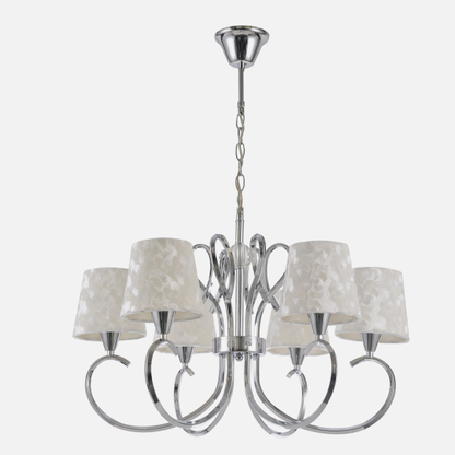 Lámpara Cancún de cromo y blanco con 6 casquillos E14, diseño clásico de Abrila para decoración interior doméstica, fabricada en metal, textil y cristal, modelo 121756020. · Ref. 121756020