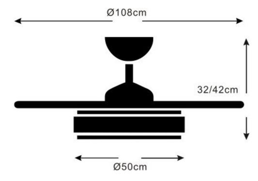 Medidas Ventilador de techo Mina-L Musical de PB Lighting (Ø108cm) Blanco, con luz LED CCT-RGB, Bluetooth, app y mando - Ref PB80815.

