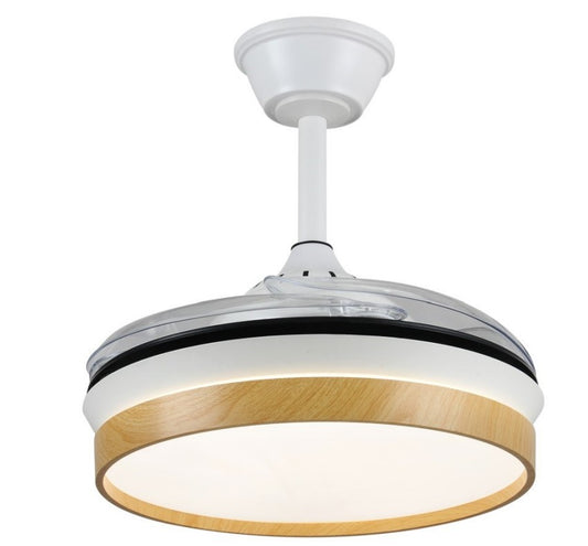 Ventilador de techo Mina-S de PB Lighting (Ø82cm) Blanco con detalles Madera, luz LED CCT, app Fan Lamp Pro y mando - Ref PB80716.

