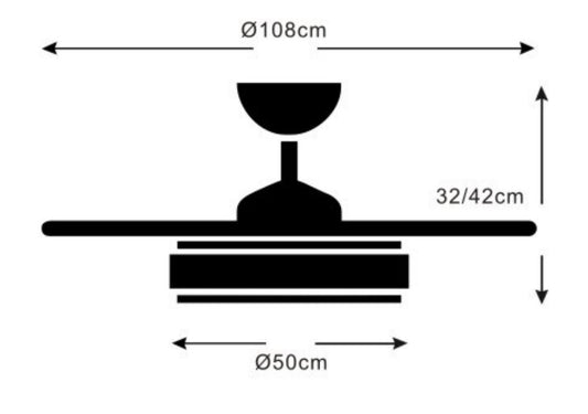 Medidas Ventilador de techo Selina-L de PB Lighting (Ø108cm) Blanco, con luz LED CCT 8000lm, app Fan Lamp Pro y mando - Ref PB70221.

