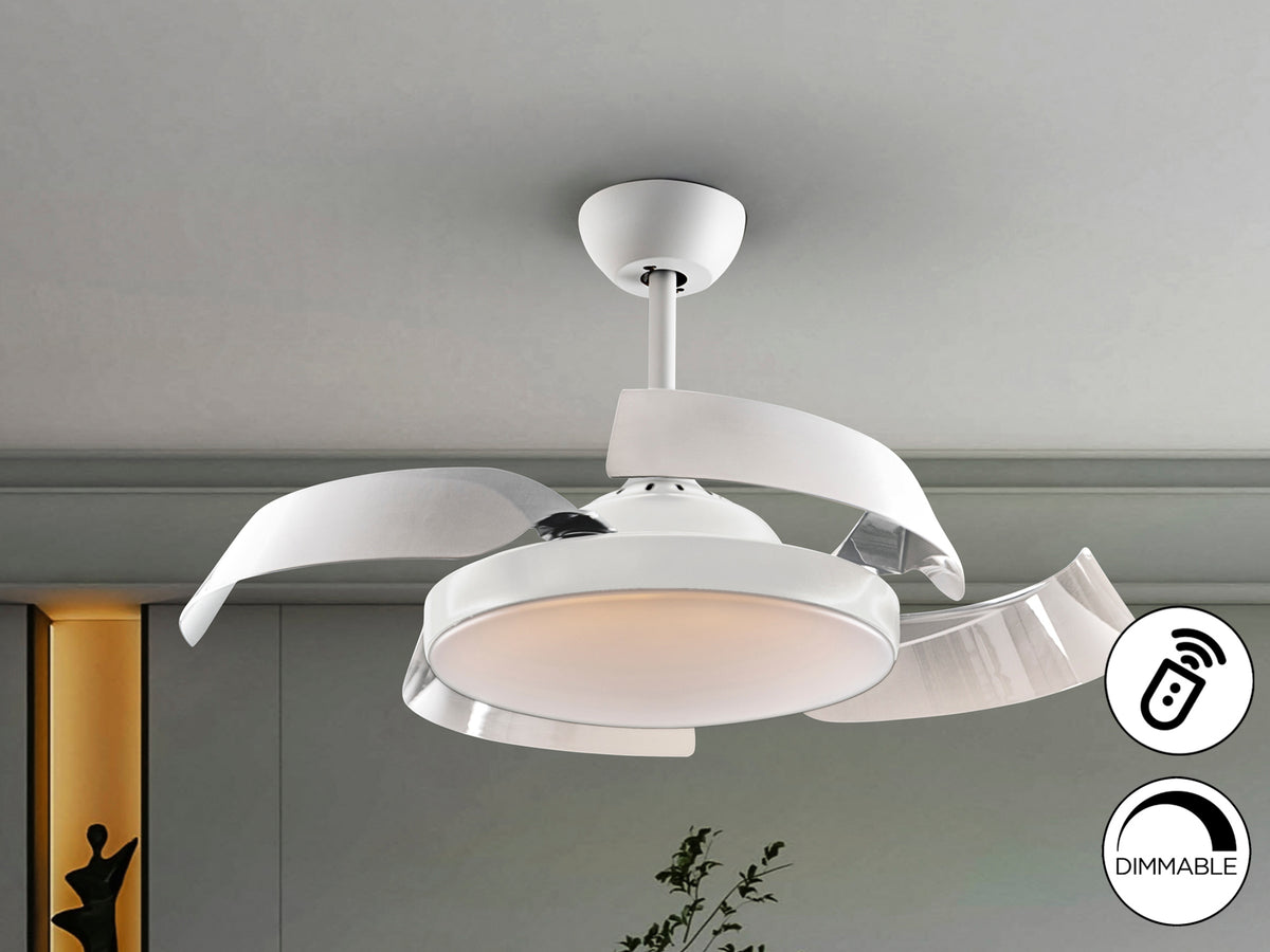 Ventilador de techo ENZO blanco con luz LED dimable y aspas retráctiles, control remoto y motor DC, diseño minimalista y moderno de Schuller.