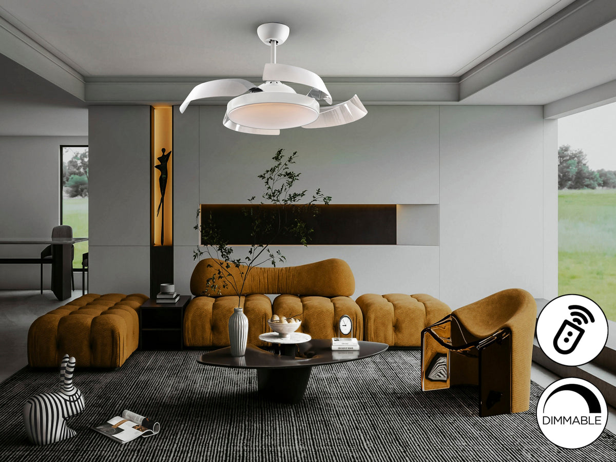 Ventilador de techo ENZO blanco con luz LED dimable, aspas retráctiles y control remoto. Diseño moderno y minimalista de Schuller con motor DC.