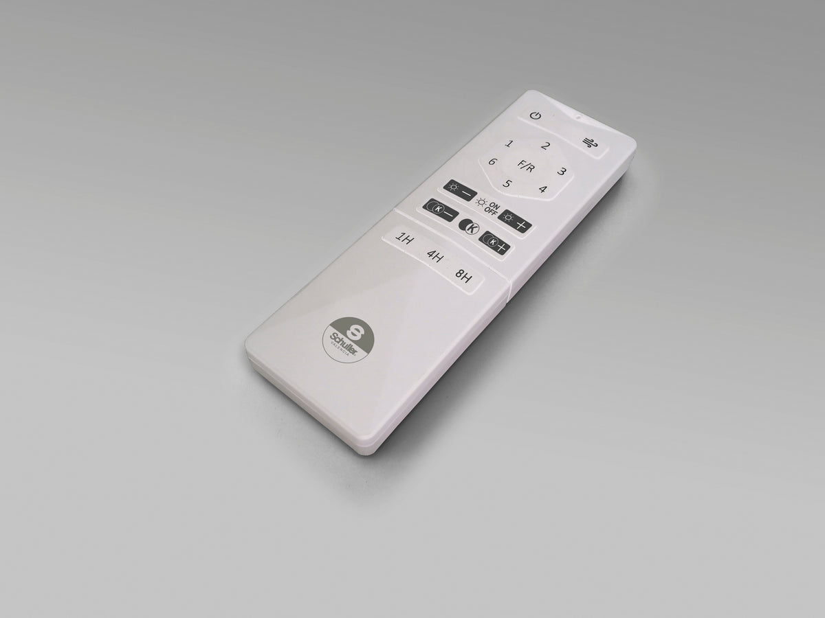 Ventilador de techo ENZO blanco de Schuller con aspas retráctiles, luz LED dimable, control remoto y diseño moderno y minimalista. Ideal para espacios con estilo. Motor DC.