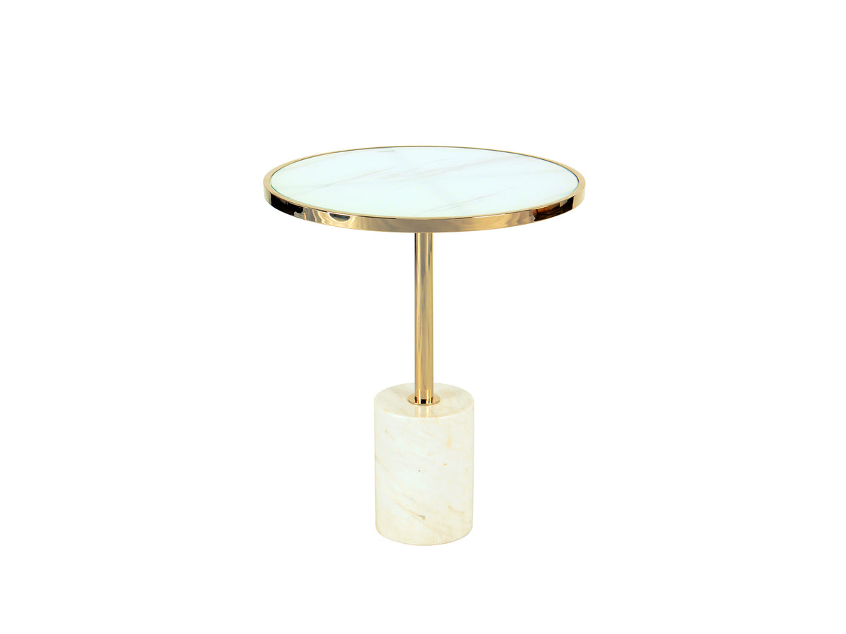 Mesa auxiliar Dekala blanco y oro Ø46 cm Schuller, diseño moderno Art Déco con cristal templado y mármol.