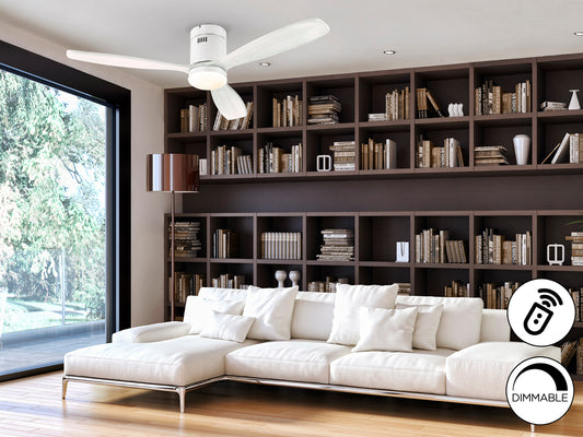 Ventilador de techo Siroco D132 Dim blanco Schuller con luz LED y aspas de madera. 6 velocidades, motor DC, dimable, temporizador. Ideal para iluminación y ventilación en [tipo de habitación]. Modelo 329583D.