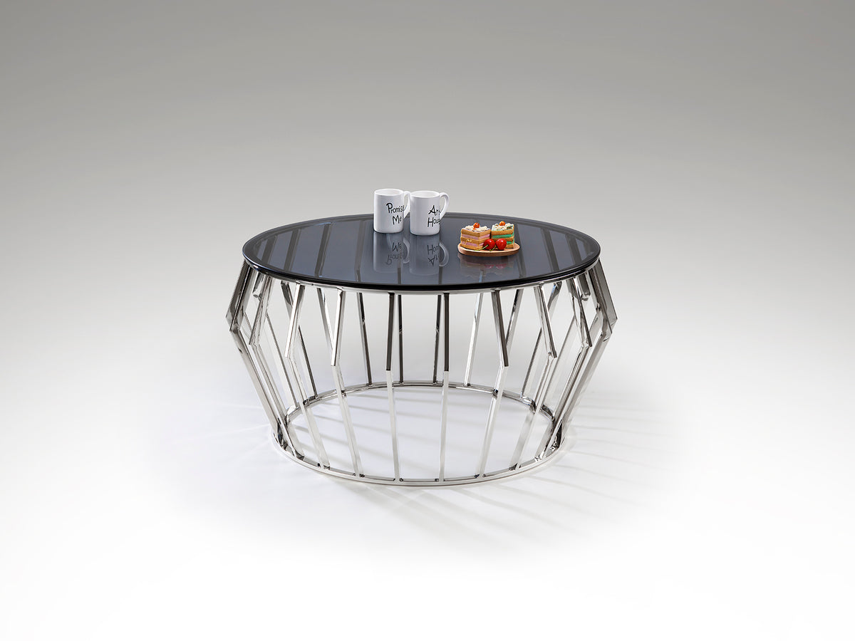 Mesa de centro Ciros pulido brillo de acero inoxidable con tapa de cristal smoke, diseño moderno de Schuller, ideal para salón.