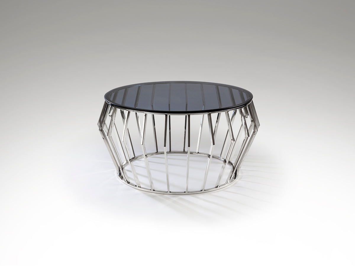 Mesa de centro Ciros de acero inoxidable con acabado pulido brillo y cristal smoke, diseño moderno ideal para salón, marca Schuller.