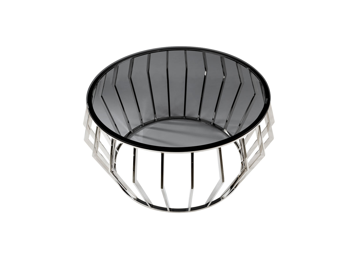 Mesa de centro Ciros pulido brillo de acero inoxidable con cristal smoke, diseño moderno ideal para salón. Schuller 335515.