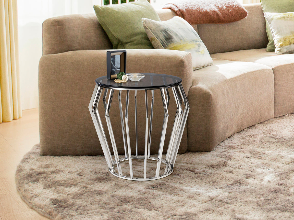 Mesa Velador Ciros de acero brillo con cristal smoke, ideal para dormitorio o salón. Diseño minimalista y moderno de Schuller (336710).