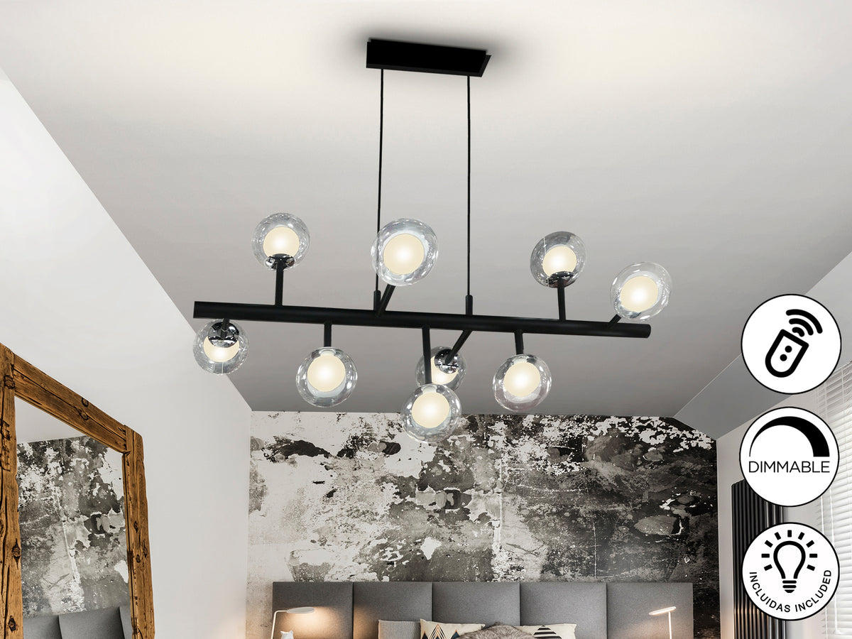 Lámpara de techo Altais 9 luces negro y cromo de Schuller para salón, diseño moderno con cristal y metal.