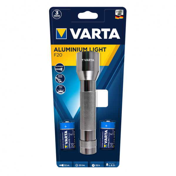 Linterna LED Varta de aluminio, vista frontal. Pilas incluidas. · Ref. LIN16628101421