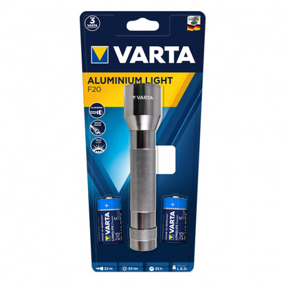 Linterna LED Varta de aluminio, vista frontal. Pilas incluidas. · Ref. LIN16628101421