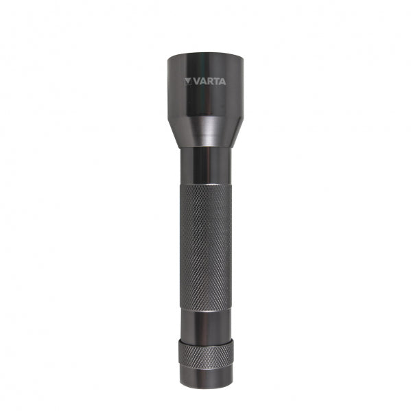 Linterna LED Varta de aluminio, vista lateral. Diseño robusto y compacto. · Ref. LIN16628101421
