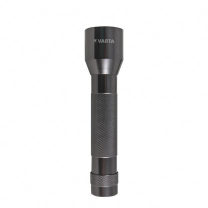 Linterna LED Varta de aluminio, vista lateral. Diseño robusto y compacto. · Ref. LIN16628101421